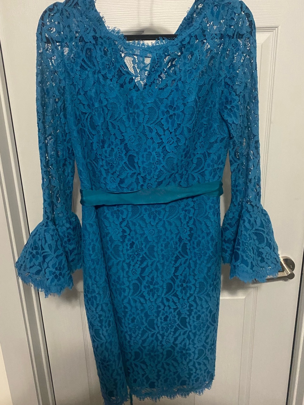 Nue by Shani Teal Blue Lace Long-Sleeve Sheath Dress with Bell Cuffs